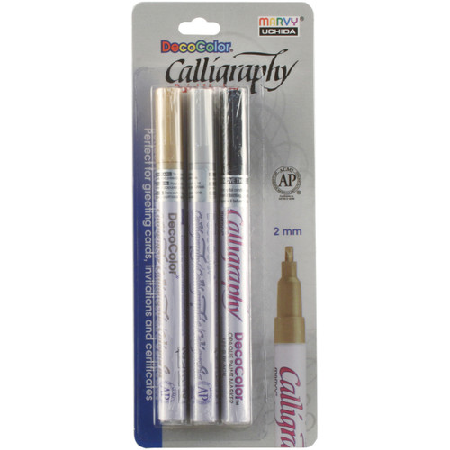 3 Pack - Uchida DecoColor Calligraphy Opaque Paint Marker Set 3/Pkg-2mm - Gold, Silver & Black - 125-3C - 028617125589 3 Pack - Uchida DecoColor Calligraphy Opaque Paint Marker Set 3/Pkg-2mm - Gold, Silver & Black - 125-3C - 028617125589
