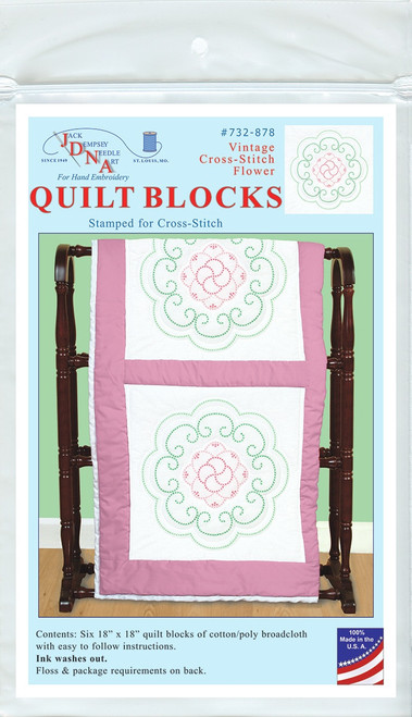 Jack Dempsey Stamped White Quilt Blocks 18"X18" 6/Pkg-Vintage Cross-Stitch Flower 732 878 - 013155478785