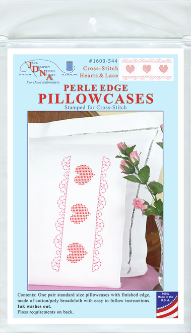 Jack Dempsey Stamped Pillowcases W/White Perle Edge 2/Pkg-Cross-Stitch Hearts & Lace 1600 544 - 013155855449