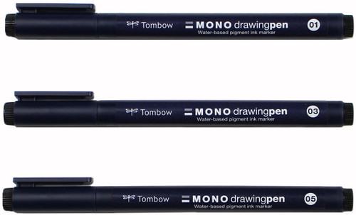 3 Pack Tombow MONO Drawing Pens 3/Pkg-0.1mm, 0.3mm & 0.5mm Black 66403