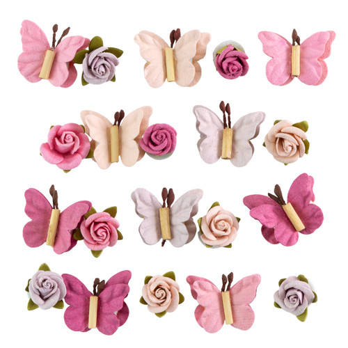 3 Pack Little Birdie Handmade Roses & Butterflies Flowers 20/Pkg-Vintage Pink LBRSEBTR-98203