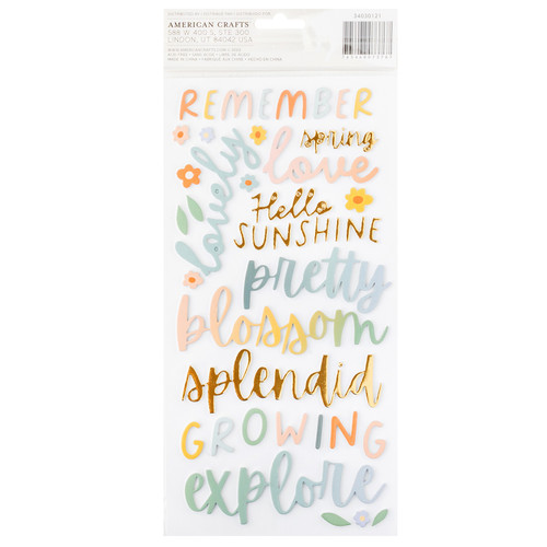 Pebbles Sunny Bloom Thickers Stickers 80/Pkg-Phrase, Gold Foil Foam - 34030121