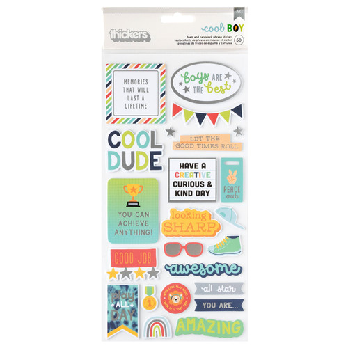 Pebbles Cool Boy Thickers Stickers 50/Pkg-Phrase, Silver Foil - 34027641 - 765468073279