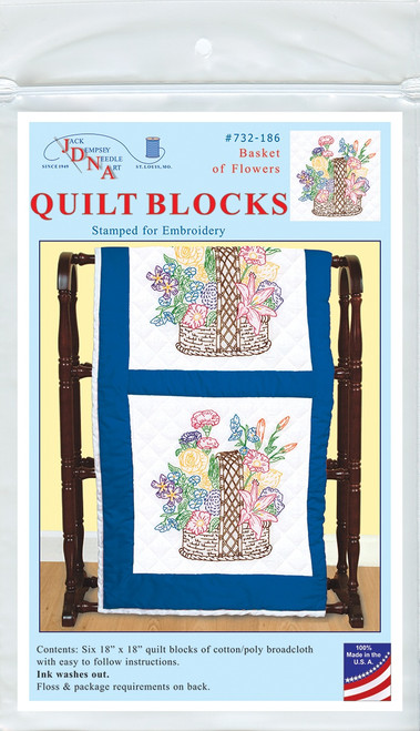 Jack Dempsey Stamped White Quilt Blocks 18"X18" 6/Pkg-Basket Of Flowers - 5A002MGX-1GNXX - 013155471861