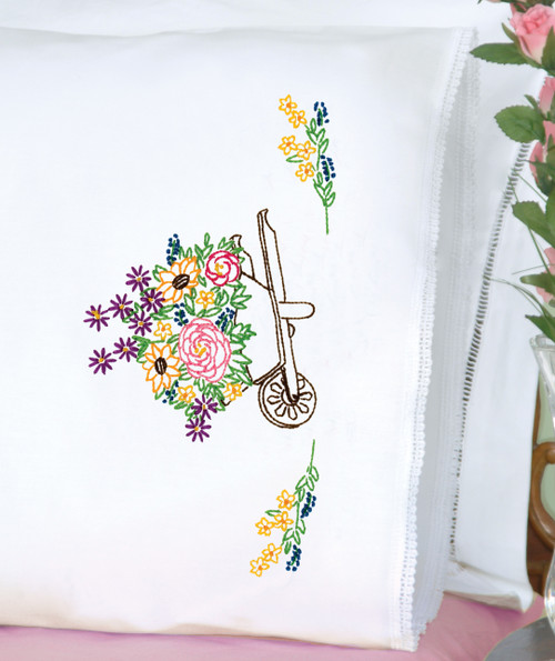 Jack Dempsey Stamped Pillowcases W/White Lace Edge 2/Pkg-Wheelbarrow Of Flowers - 5A002MH0-1GNY4 Jack Dempsey Stamped Pillowcases W/White Lace Edge 2/Pkg-Wheelbarrow Of Flowers - 5A002MH0-1GNY4