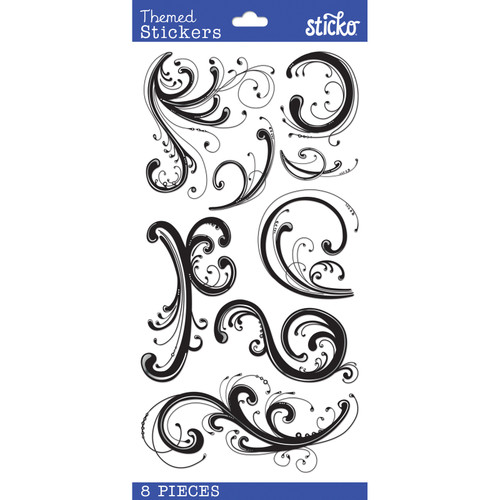 12 Pack - Sticko Themed Stickers-Dainty Black Flourishes - E5238230 - 015586794021