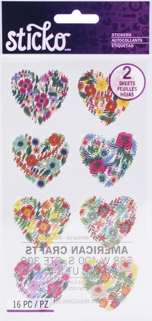 Sticko Flat Stickers-Floral Hearts, 16/Pkg - 5201546 - 015586849578