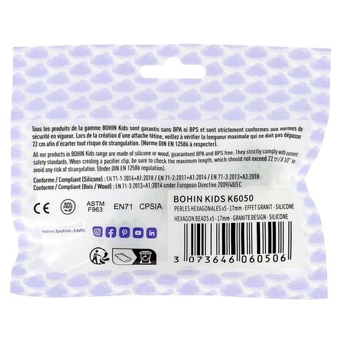 Bohin Hexagon Silcone Beads 5/Pkg-GRANITE DESIGN 17MM - K6050 Bohin Hexagon Silcone Beads 5/Pkg-GRANITE DESIGN 17MM - K6050