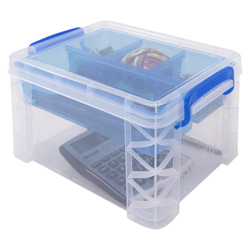 Storage Studios Super Stacker Divided Storage Box-6.38"X7.25"X10.88 Clear/Blue Handles - SS37375 Storage Studios Super Stacker Divided Storage Box-6.38"X7.25"X10.88 Clear/Blue Handles - SS37375