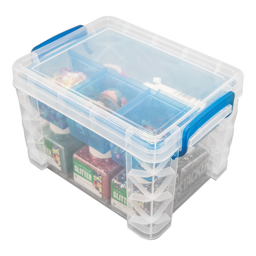 Storage Studios Super Stacker Divided Storage Box-6.38"X7.25"X10.88 Clear/Blue Handles - SS37375 Storage Studios Super Stacker Divided Storage Box-6.38"X7.25"X10.88 Clear/Blue Handles - SS37375