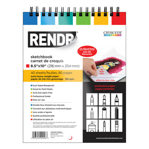 Rendr No Show Thru Wire Bound Perforated Sketchbook -8.5"x10", 40 Sheets - 5A002W9V-1GX2G - 093924200267
