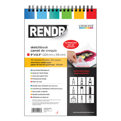 Rendr No Show Thru Wire Bound Perforated Sketchbook-9"X12.5"X, 40 Sheets - 5A002W9W-1GX2H - 093924200274