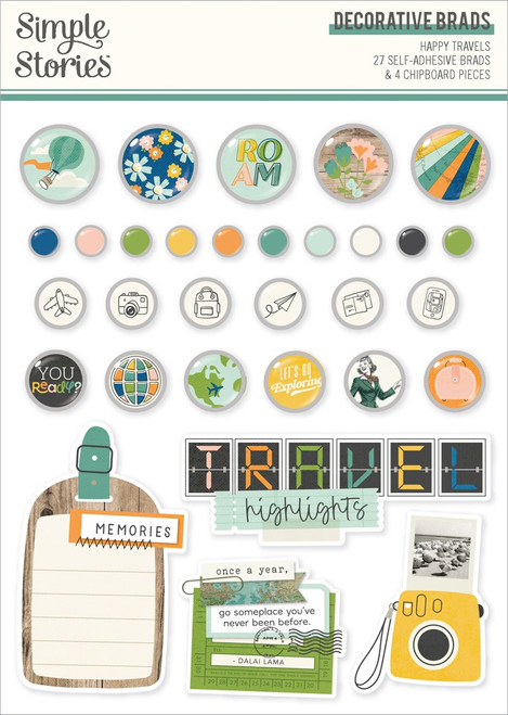 3 Pack - Happy Travels Decorative Brads-27 Brads, 4 Chipboard - 5A002WZB-1GXWH - 810150778441