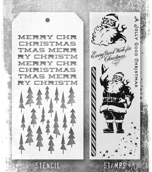 Tim Holtz Mixed-Media Stamps & Stencil-Jolly Holiday - 5A002XXV-1GYSS