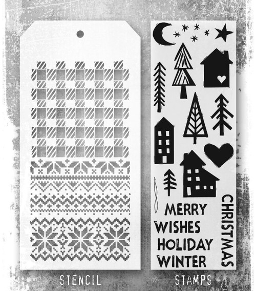 Tim Holtz Mixed-Media Stamps & Stencil-Festive Print - 5A002XXV-1GYSR
