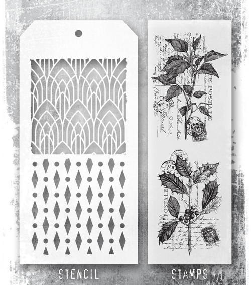 Tim Holtz Mixed-Media Stamps & Stencil-Festive Collage - 5A002XXV-1GYVK