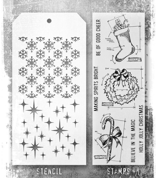 Tim Holtz Mixed-Media Stamps & Stencil-Blueprint Christmas #1 - 5A002XXV-1GYVH Tim Holtz Mixed-Media Stamps & Stencil-Blueprint Christmas #1 - 5A002XXV-1GYVH