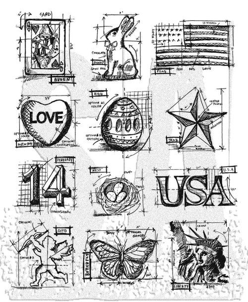 Tim Holtz Cling Stamps 7"X8.5"-Mini Blueprints #2 CMS-LG-146 - 713757824620