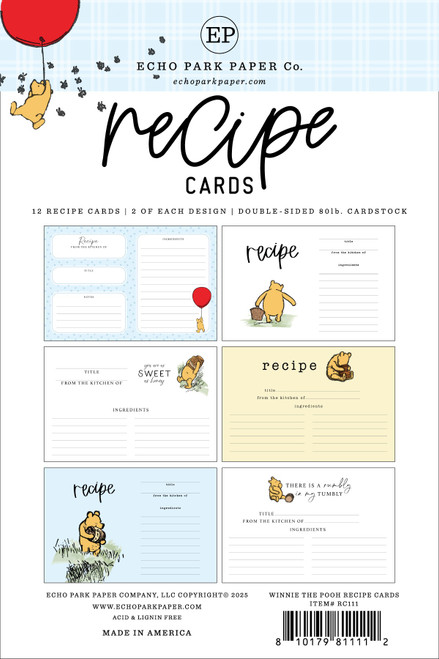 3 Pack - Echo Park Recipe Cards 4"X6"-Winnie The Pooh - 5A0030LL-1H20X