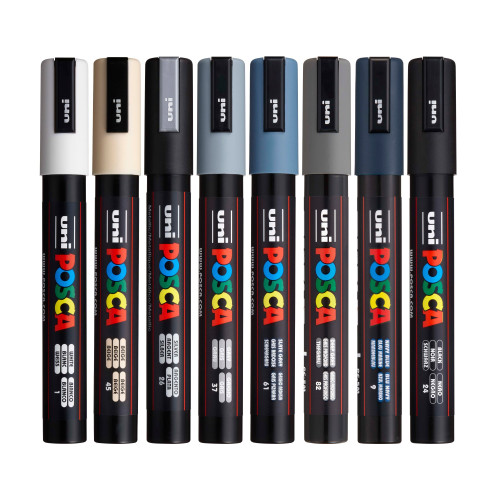 POSCA 5M Medium Bullet Tip 2.5mm Paint Marker 8/Pkg-Mono Tones - 5A00317M-1H2Y1
