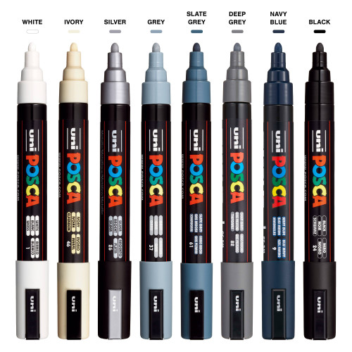 POSCA 5M Medium Bullet Tip 2.5mm Paint Marker 8/Pkg-Mono Tones - 5A00317M-1H2Y1
