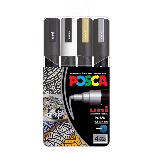 POSCA 5M Medium Bullet Tip 2.5mm Paint Marker 4/Pkg-White/ Black/ Gold/ Silver - 5A00317L-1H2XT - 4902778305683