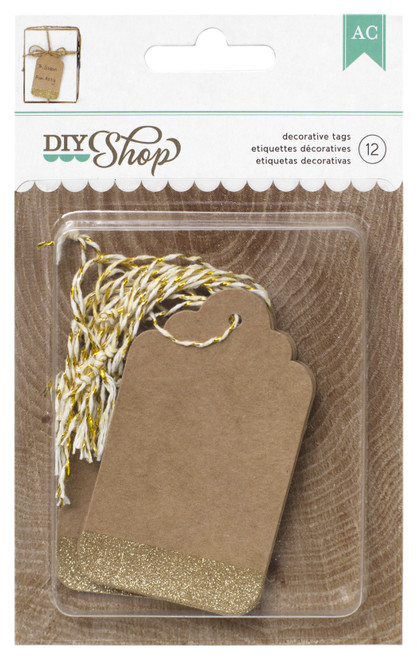 American Crafts DIY Shop 2 Tags 12/Pkg-Kraft W/Gold Glitter - 369038 - 718813690386