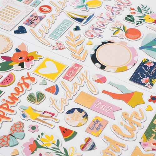 Paige Evans Pick Me Up Thickers Stickers 5.5"X11" 87/Pkg-Icons & Words/Gold Foil Accent Chipboard - 310631
