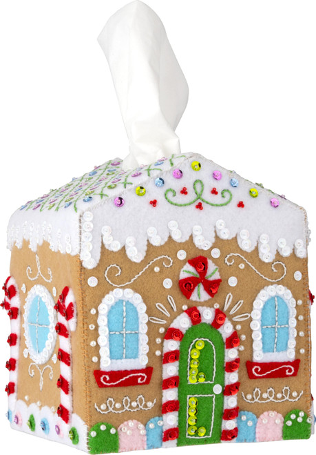 Bucilla Tissue Box Cover Felt Applique Kit 5"X5"X6.25"-Gingerbread Cottage - 5A00324F-1H3SF