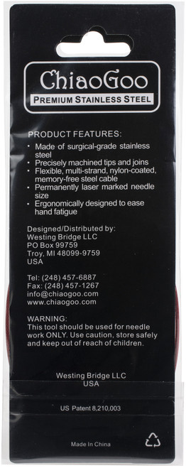 ChiaoGoo Red Lace Stainless Circular Knitting Needles 24"-Size 8/5mm - 7024-8 ChiaoGoo Red Lace Stainless Circular Knitting Needles 24"-Size 8/5mm - 7024-8