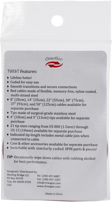 ChiaoGoo TWIST Red Lace Interchangeable Cables 50"-Large - 7550-L ChiaoGoo TWIST Red Lace Interchangeable Cables 50"-Large - 7550-L