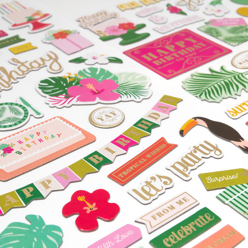 Confetti Wishes Thickers Stickers 5.5"X11" 89/Pkg-Icons & Words/Gold Foil Accent Chipboard - 310657