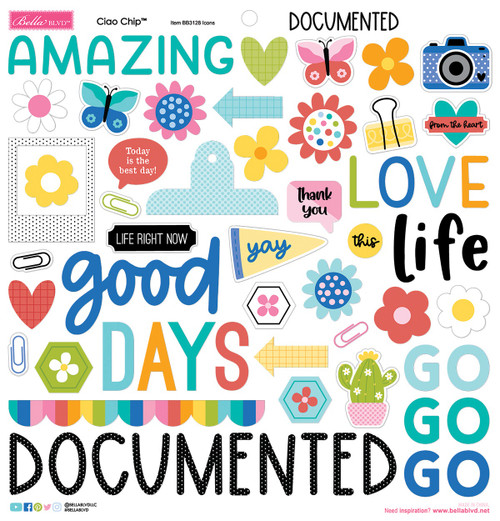3 Pack - Bella Blvd Ciao Chipboard Stickers 12"X12"-Icons, Documented - 5A0034KR-1H685 - 810176551288