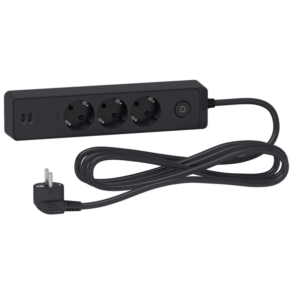 Schneider Electric Trailing lead, Unica extend, 3 Schuko, swicthable, USB type A+A, 3m cable, anthracite