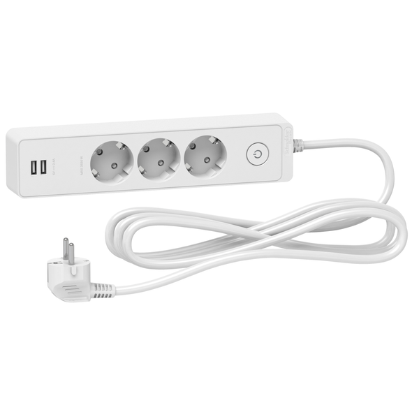Schneider Electric Trailing lead, Unica extend, 3 Schuko, swicthable, USB type A+A, 3m cable, white
