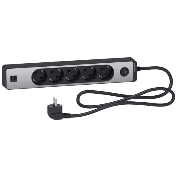 Schneider Electric Trailing lead, Unica extend, 5 Schuko, swicthable, USB type A+A, 1.5m cable, anthracite/alu