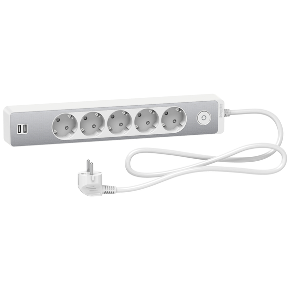Schneider Electric Trailing lead, Unica extend, 5 Schuko, swicthable, USB type A+A, 1.5m cable, aluminium/white