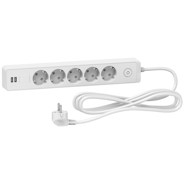 Schneider Electric Trailing lead, Unica extend, 5 Schuko, swicthable, USB type A+A, 3m cable, white