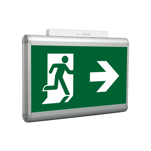 Easy mounting led internally illuminated safety signs, self-testing, maintained operation, double sided with 49m viewing distance
