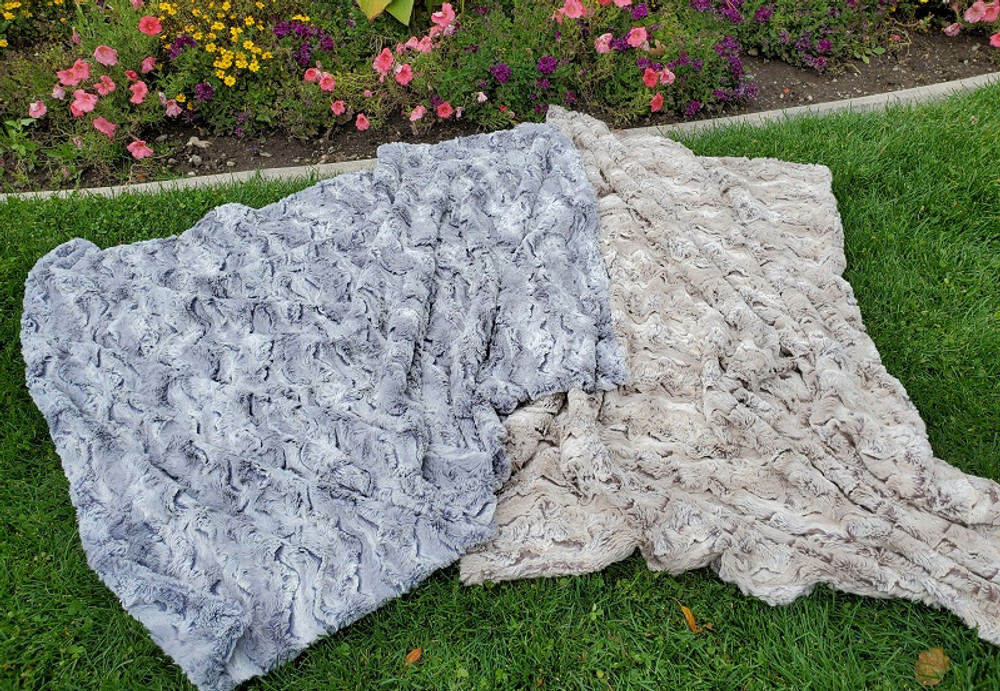 This is an example of 2 Finished "Wild Rabbit" Blankets. Charcoal and Driftwood.