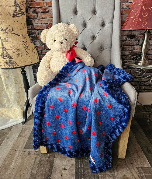 A Self-Binding Blue  ROSES Small Blanket, w/Red Minky Embossed STARS. (26"x38")