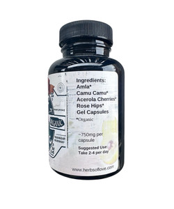 bottle showing Ingredients label of real vitamin C with white background