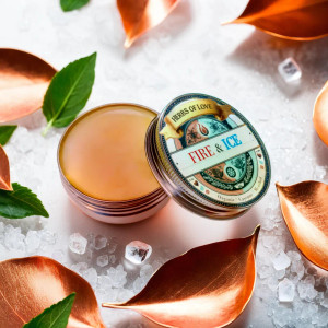 Silver tin with Fire & Ice muscle balm on ice, surrounded by copper leaves