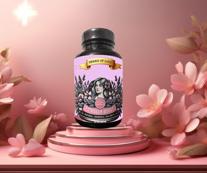 Bottle of EstroBoost capsules on delicate pink display stand