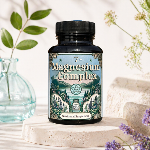 bottle of magnesium on brown/beige background