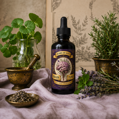 Display picture of  brain tune tincture surrounded by herbs in a rustic setting