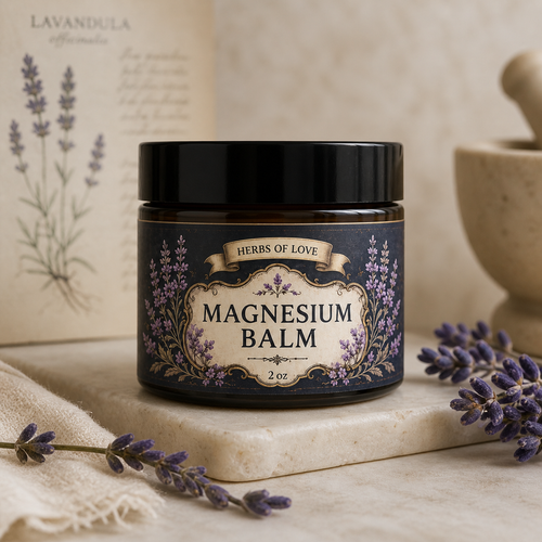 Magnesium balm jar on vintage lavender-theme display