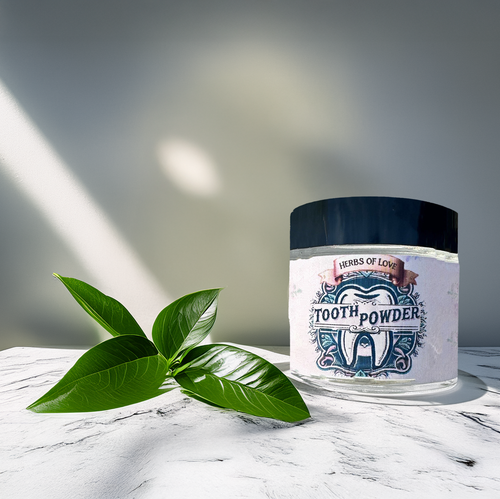 Tooth powder jar on display table