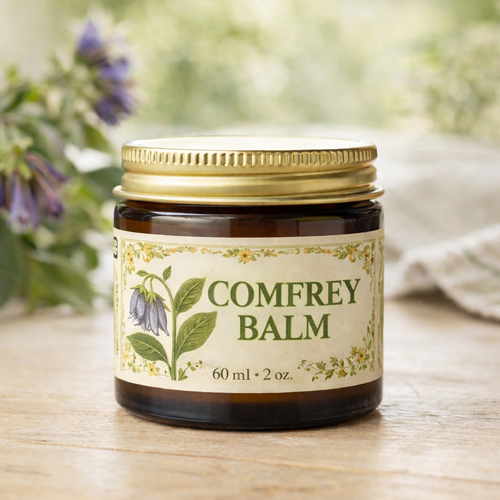 Display pic of comfrey balm jar, light wood table, bright background