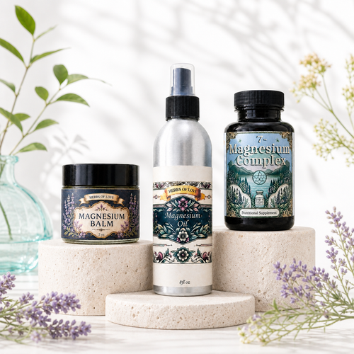 3 pedestals with a jar of magnesium balm, spray bottle of magnesium oil and a bottle of magnesium capsules